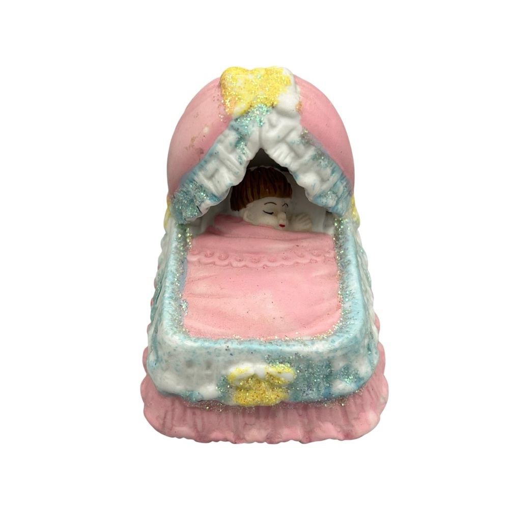 Vintage Ceramic Sleeping Baby Figurine in Bassinet Pastel Nursery Decor